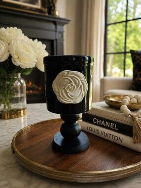 Black Floral Ceramic Pedestal Candle Holder with White Rose Accent